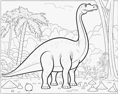 Színező egy hosszú nyakú, karikás hátú dinoszaurusszal az őserdőben egy pálma mellett
